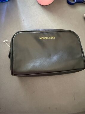 Michael Kors Black Leather Toiletry Pouch with Gold Logo
